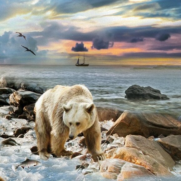 Bear Fishing Ocean Sky Landscape Fantasy Composite Oil Painting Wall Art Print - Picture 7 of 8